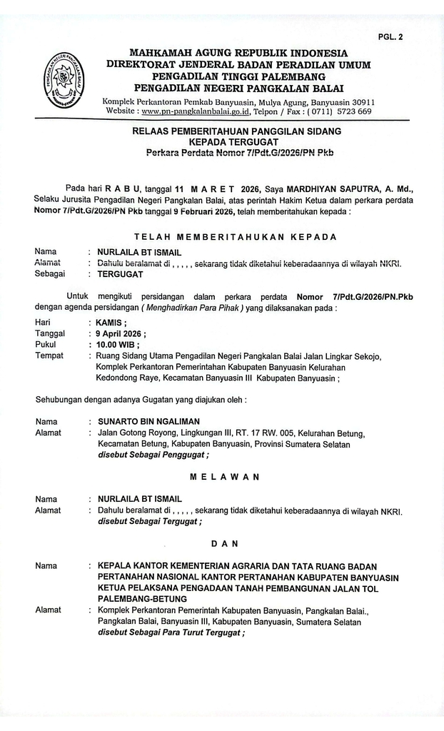 Relaas Pemberitahuan Panggilan Sidang Kepada Tergugat Perkara Perdata Nomor  7_Pdt.G_2026_PN Pkb a.n. NURLAILALA BINTI ISMAIL (1).jpg