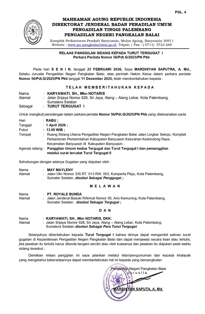 Relaas Panggilan Sidang Kepada Turut Tergugat I Perkara Perdata Nomor 56_Pdt.G_2025_PN Pkb a.n. MAY MAYLENY (Klik Disini).jpg