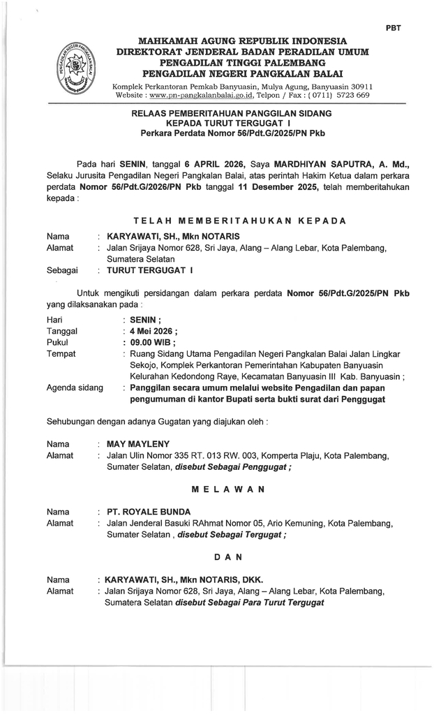 Relaas Pemberitahuan Panggilan Sidang Kepada Turut Tergugat I a.n. KARYAWATI, S.H., M.Kn (1).jpg