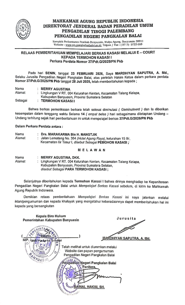 Relaas Pemberitahuan Mempelajari Berkas Kasasi Melalui E-Court Kepada Termohon Kasasi I Perkara Perdata Nomor 37_Pdt.G_2025_PN Pkb a.n. MERRY AGUSTINA (Klik Disini).jpg