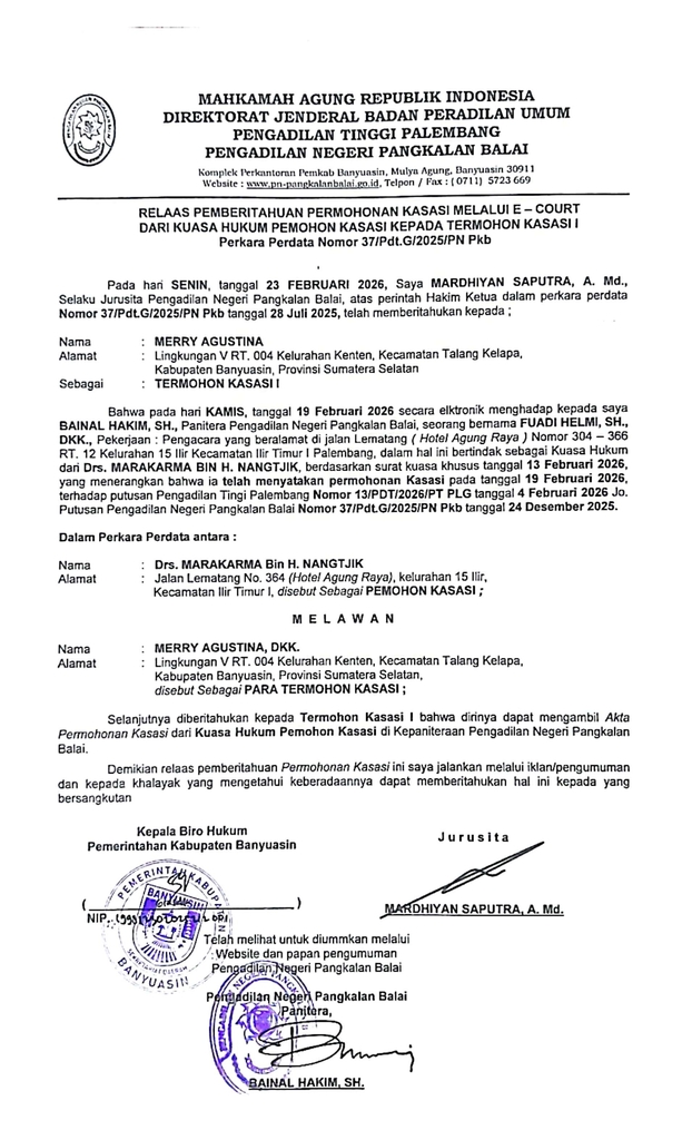 Relaas Pemberitahuan Permohonan Kasasi Melalui E-Court dari Kuasa Hukum Pemohon Kasasi Kepada Termohon Kasasi I Perkara Perdata Nomor 37_Pdt.G_2025_PN Pkb a.n. MERRY AGUSTINA (Klik Disini).jpg